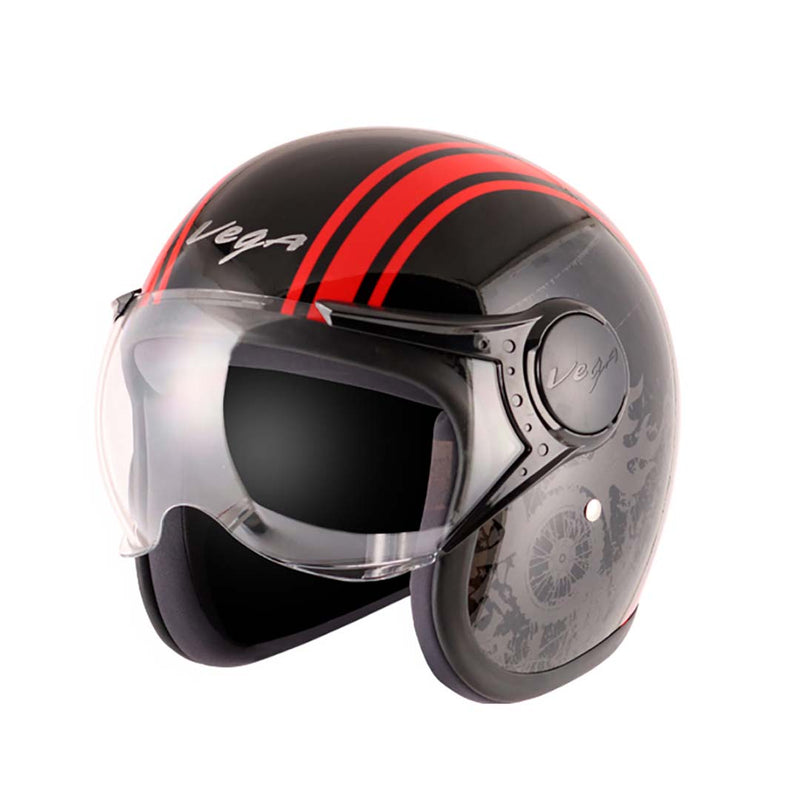 Vega Jet Old School W/Visor Black Red Helmet