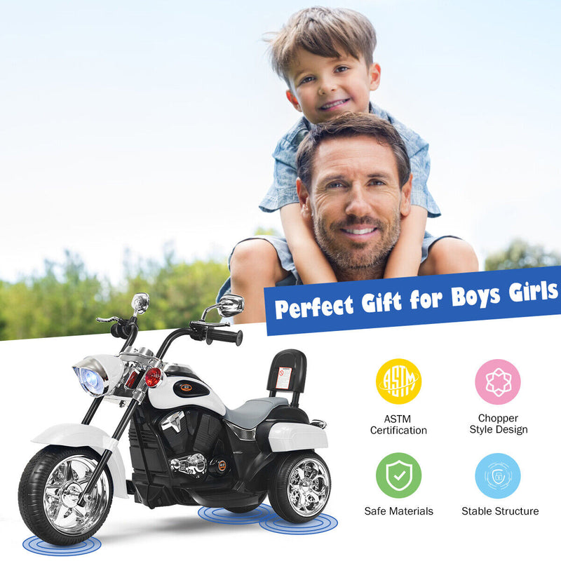 3-Wheel Chopper Motorcycle for Kids with Light & Horn - White