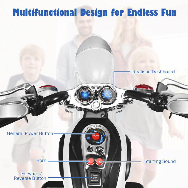 3-Wheel Chopper Motorcycle for Kids with Light & Horn - White