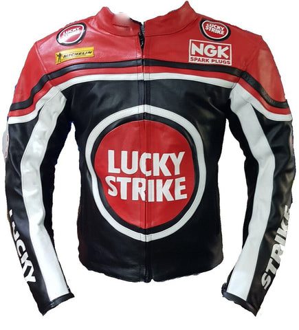 Red leather motorcycle jacket by Lucky Strike.